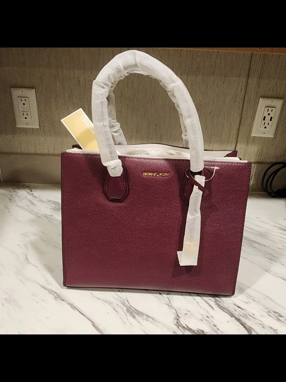 Michael Kors Burgundy Pebbled Leather Satchel with Gold Logo